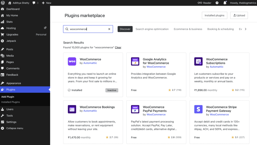 Searching for the WooCommerce plugin