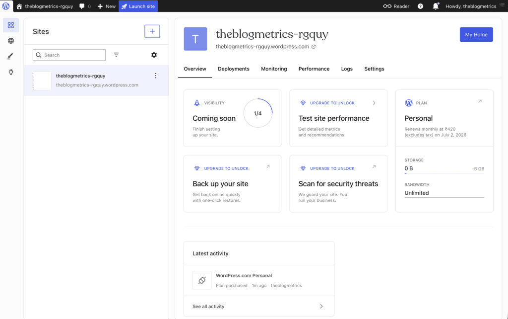 Dashboard of WordPress.com