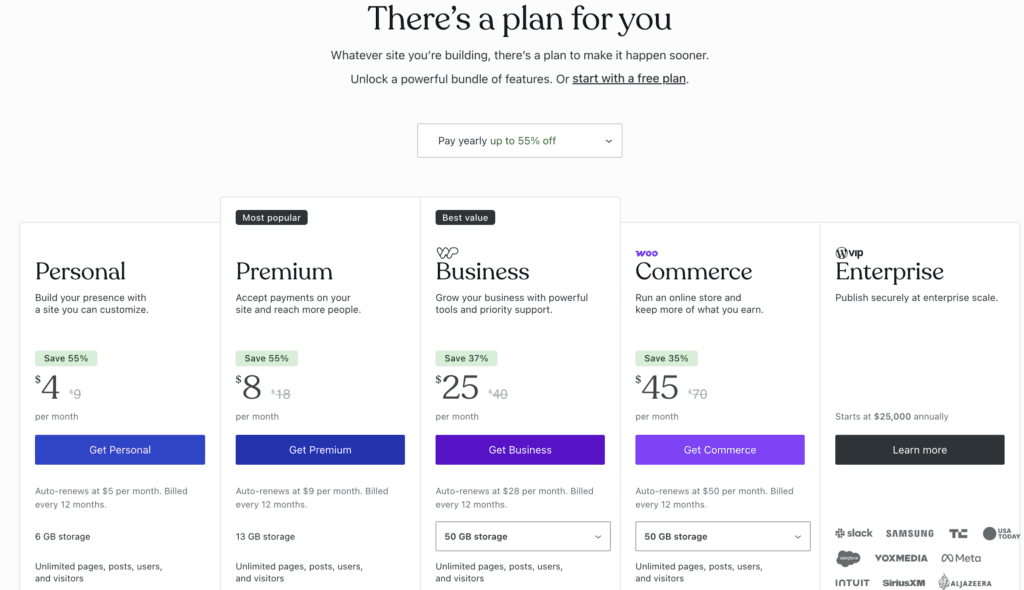 WordPress.com Pricing page