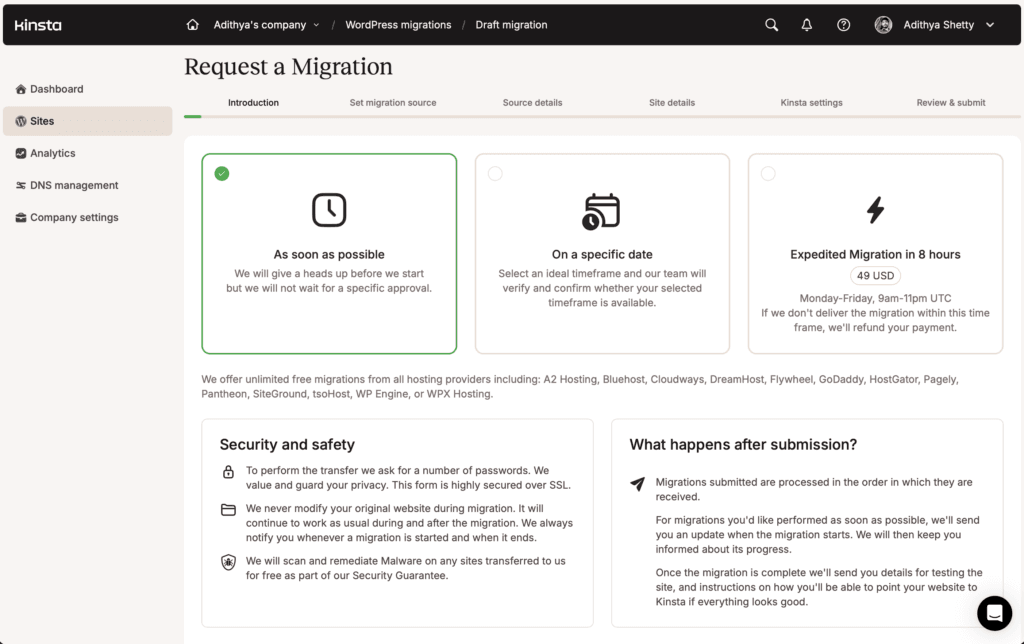 Kinsta free Migration