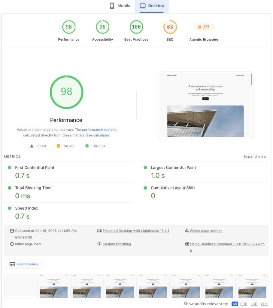 PageSpeed Insights Desktop result of a site hosted on Kinsta