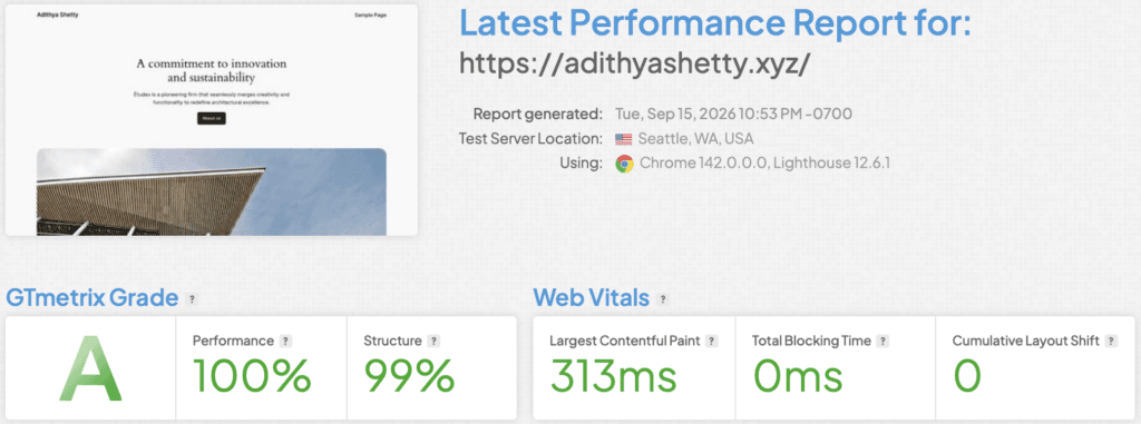 GTmetrix Speed Test of a site hosted on Kinsta